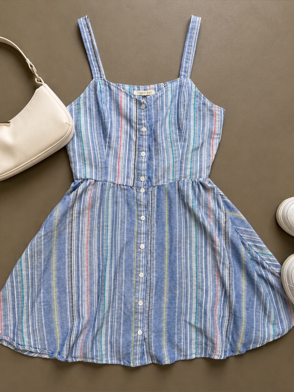 Copper Key Blue Stripe Button Front Sundress L Cottagecore Prairie Dress